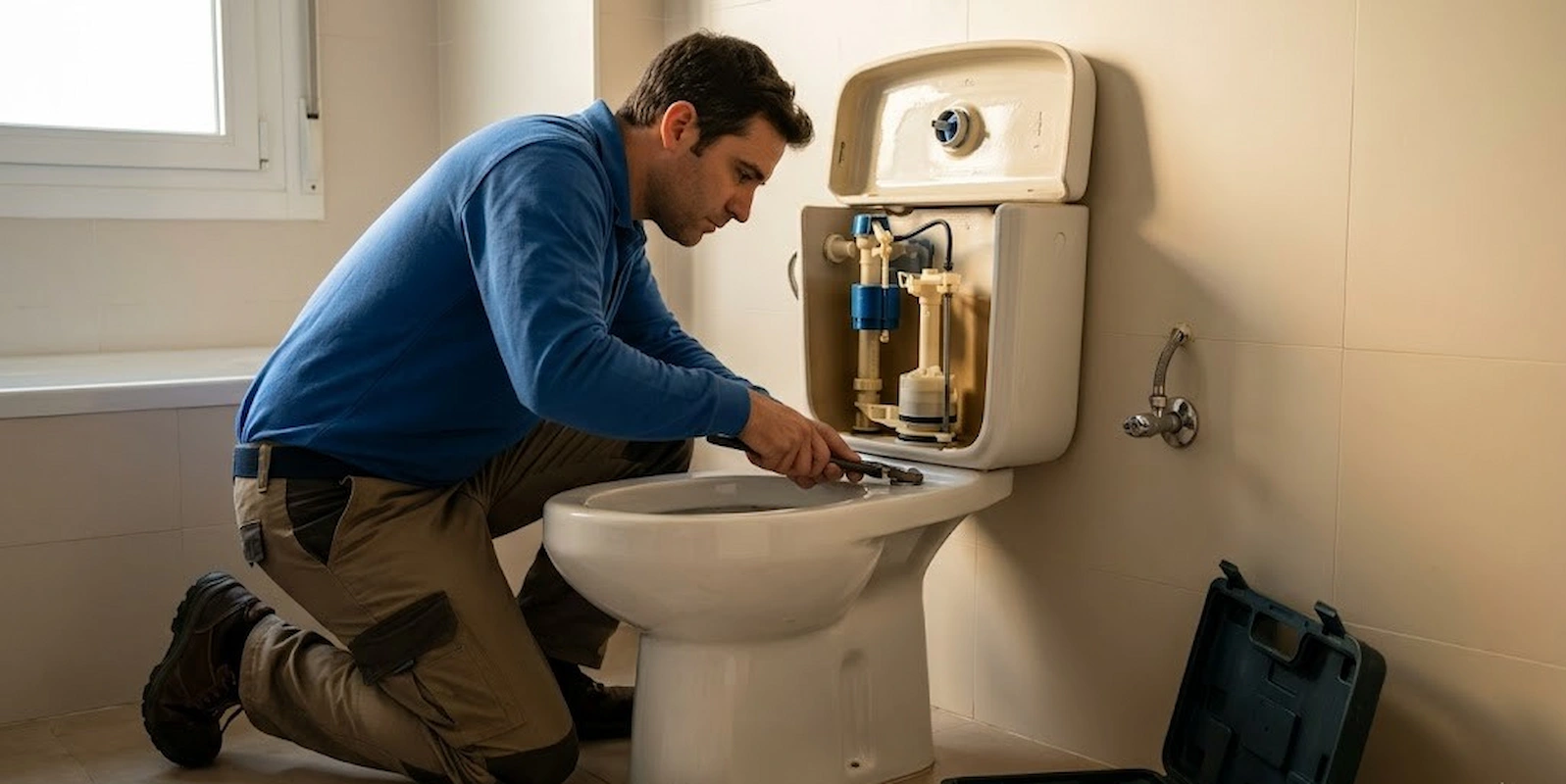 Un fontanero profesional arrodillado reparando el mecanismo interior de una cisterna de inodoro abierta en un cuarto de baño.