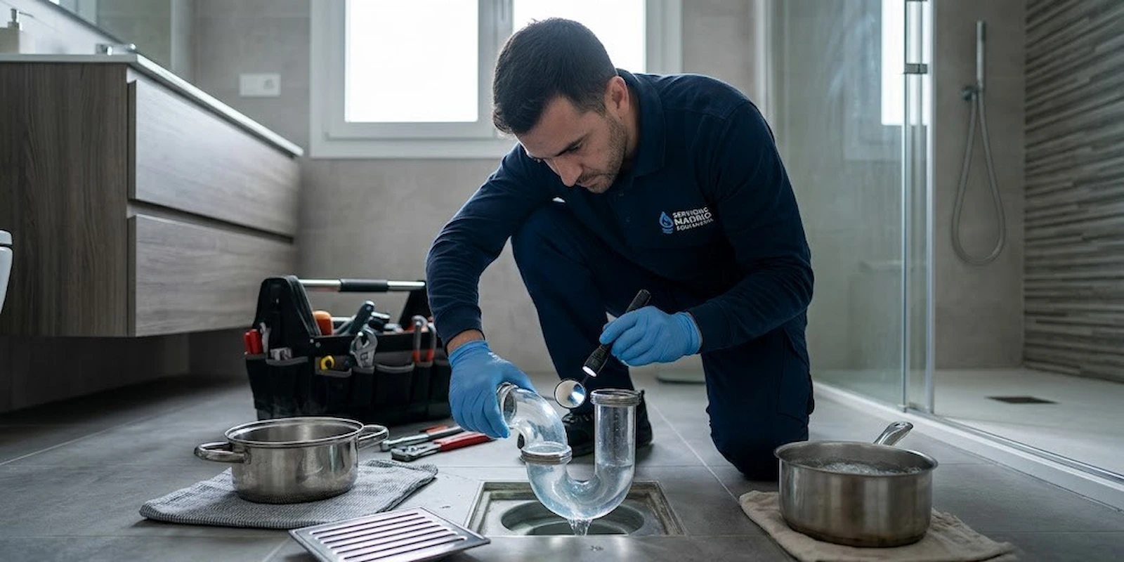 Fontanero profesional inspeccionando el sifón del desagüe en un cuarto de baño para eliminar malos olores en tuberías.