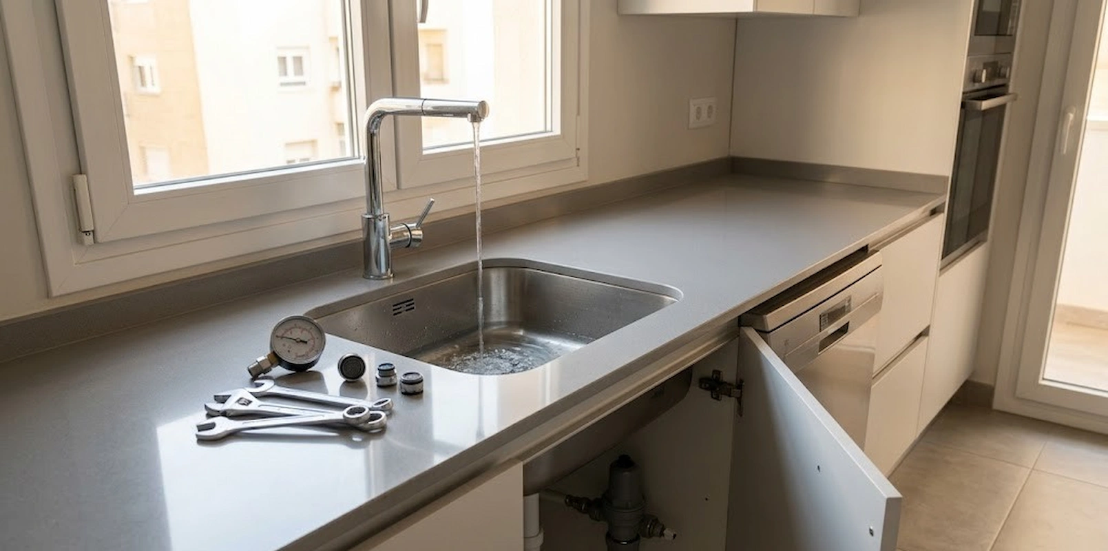 Un manómetro de presión de agua y llaves inglesas en una encimera de cocina en Madrid, con agua corriendo del grifo para una prueba de fontanería.