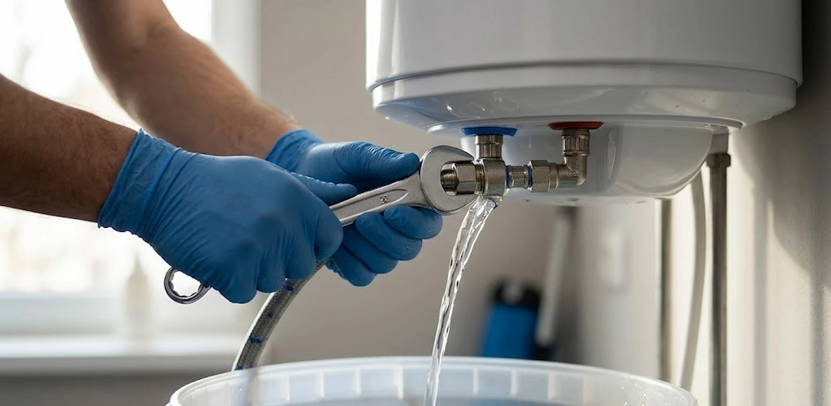 Manos de un fontanero profesional aflojando con una llave inglesa la conexión de agua para vaciar un termo eléctrico en un cubo.