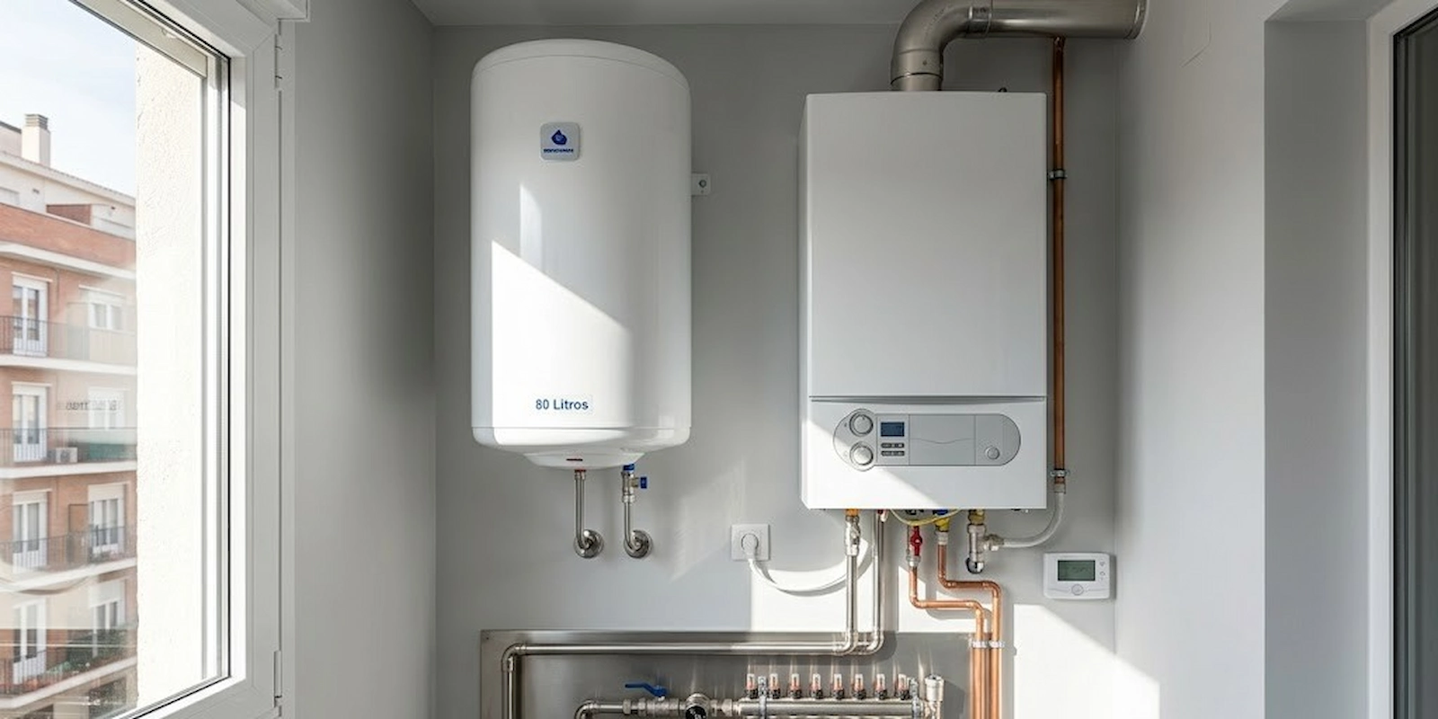 Comparativa visual de la instalación de un termo eléctrico de 80 litros junto a una caldera de gas en la pared de una vivienda en Madrid.